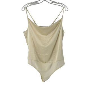 Sincerely Jules Bodysuit Ivory Satin Cowl Neck Spaghetti Strap Size M Snap Close
